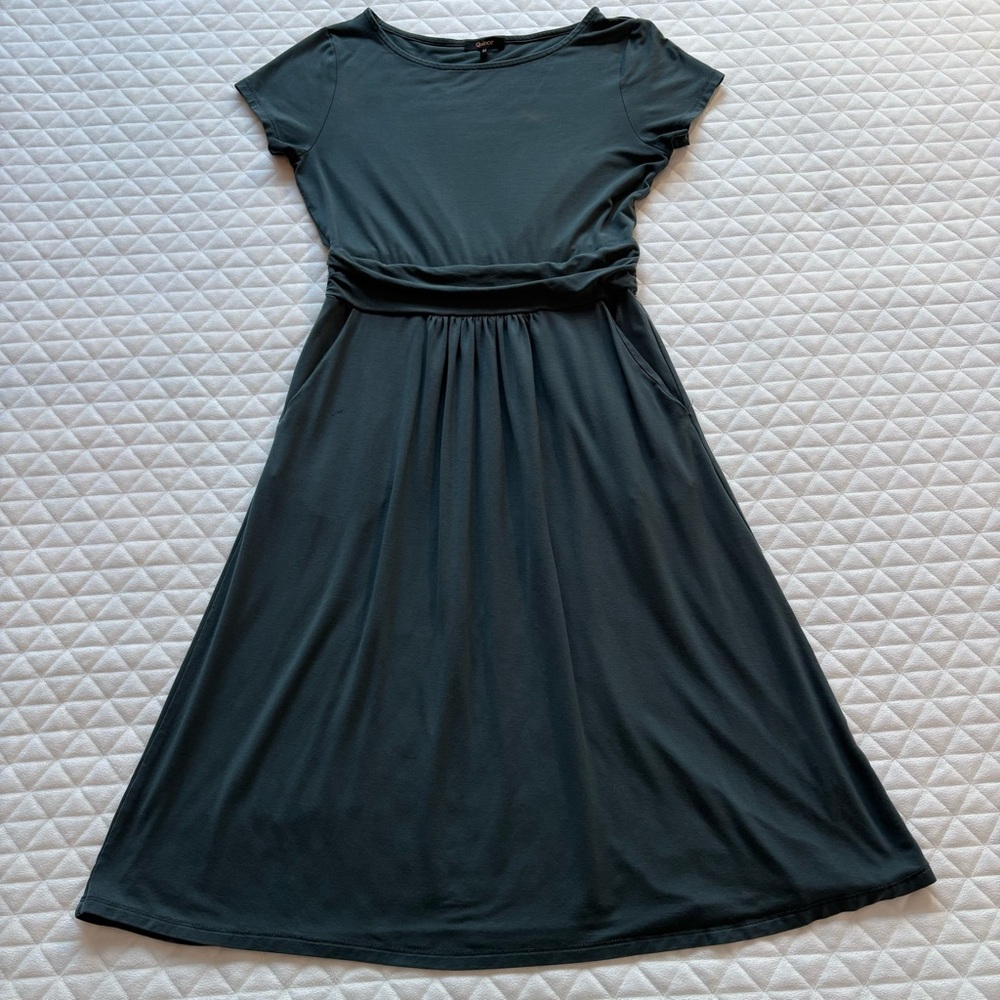 Quince Tencel Jersey Ruched Waist Dress Sz M Green Dark Olive Work Career Office